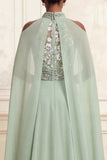 Floral Dusty Sage Beaded High Neck Long A Line Prom Dress with Cape