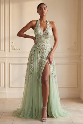 Long Halter A Line Floral Dusty Sage Prom Dress with Slit