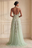 Long Halter A Line Floral Dusty Sage Prom Dress with Slit