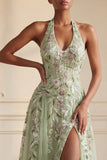 Long Halter A Line Floral Dusty Sage Prom Dress with Slit