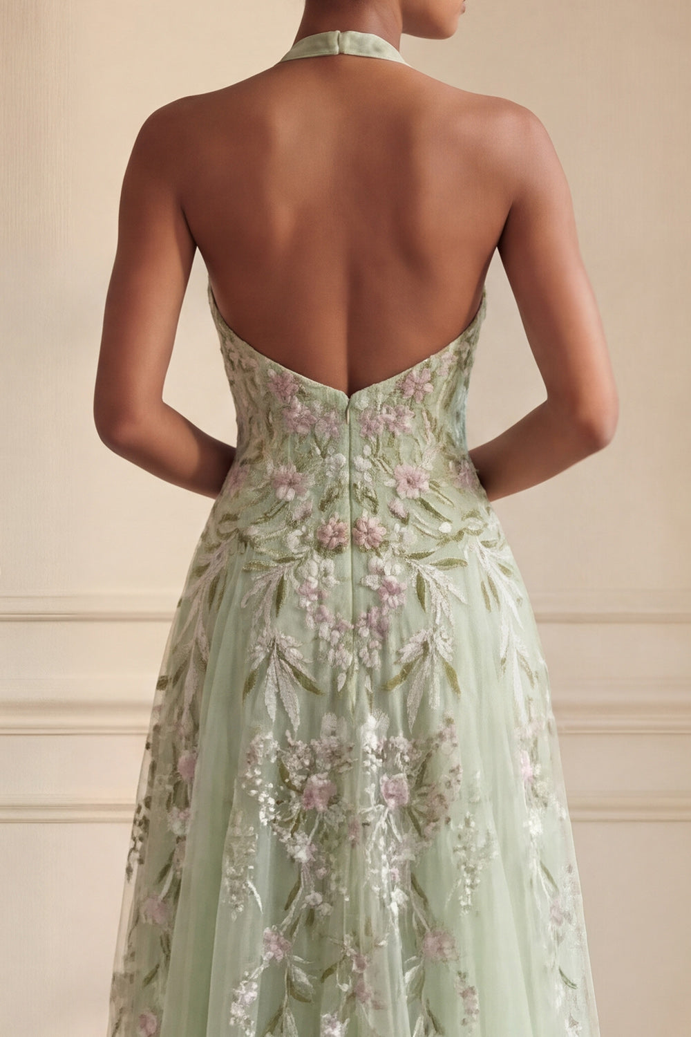 Long Halter A Line Floral Dusty Sage Prom Dress with Slit