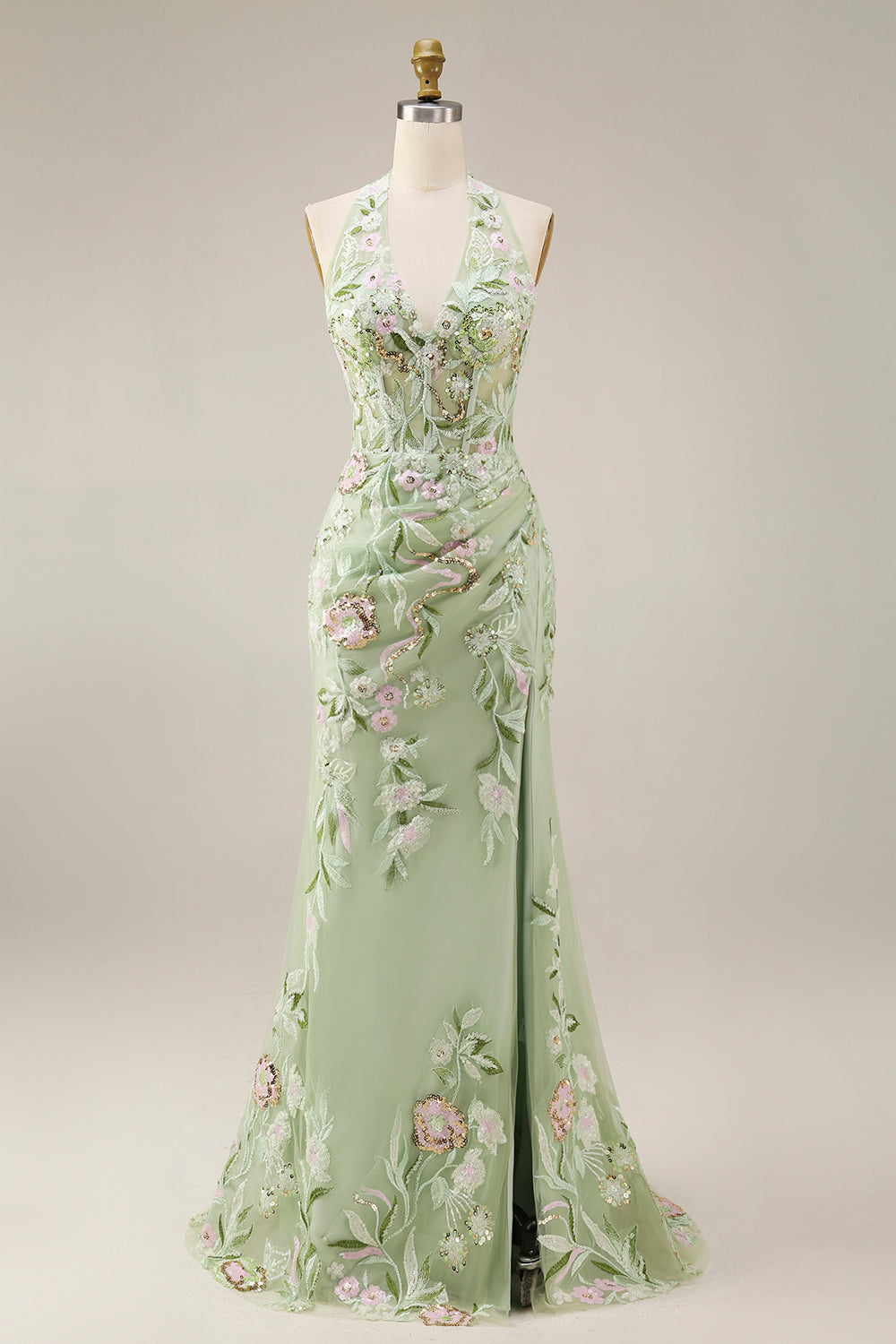 Sheath Corset Long Halter Ruched Floral Dusty Sage Prom Dress with Slit