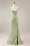 Sheath Corset Long Halter Ruched Floral Dusty Sage Prom Dress with Slit