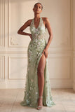 Floral Dusty Sage Long Corset Prom Dress with Slit Halter Backless Sheath Ruched Pageant Dress