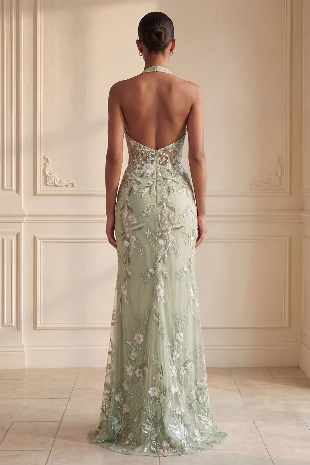 Sheath Corset Long Halter Ruched Floral Dusty Sage Prom Dress with Slit