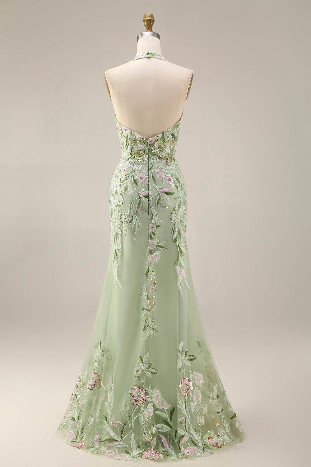 Sheath Corset Long Halter Ruched Floral Dusty Sage Prom Dress with Slit