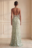 Sheath Corset Long Halter Ruched Floral Dusty Sage Prom Dress with Slit