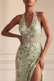 Sheath Corset Long Halter Ruched Floral Dusty Sage Prom Dress with Slit