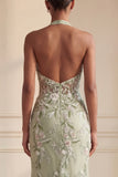 Sheath Corset Long Halter Ruched Floral Dusty Sage Prom Dress with Slit