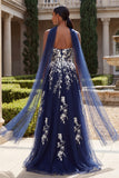 Long Neck Scarf A Line Floral Navy Glitter Prom Dress with Slit