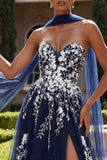 Long Neck Scarf A Line Floral Navy Glitter Prom Dress with Slit