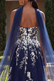 Long Neck Scarf A Line Floral Navy Glitter Prom Dress with Slit