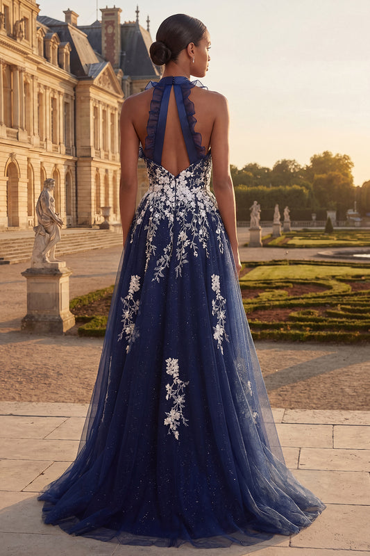 Long Halter Ruched A Line Floral Navy Glitter Prom Dress with Ruffles