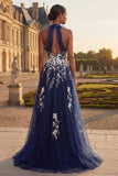 Long Halter Ruched A Line Floral Navy Glitter Prom Dress with Ruffles