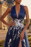 Long Halter Ruched A Line Floral Navy Glitter Prom Dress with Ruffles