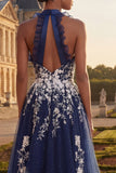 Long Halter Ruched A Line Floral Navy Glitter Prom Dress with Ruffles