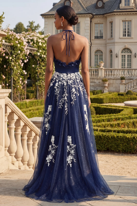Halter A Line Floral Navy Glitter Ruffled Long Prom Dress with Slit
