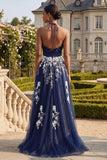 Halter A Line Floral Navy Glitter Ruffled Long Prom Dress with Slit