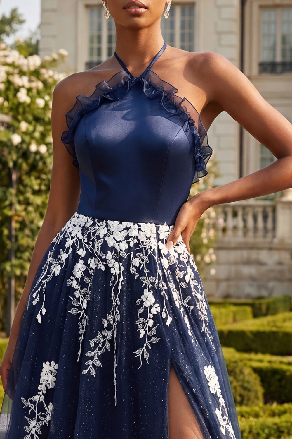 Halter A Line Floral Navy Glitter Ruffled Long Prom Dress with Slit