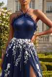 Halter A Line Floral Navy Glitter Ruffled Long Prom Dress with Slit