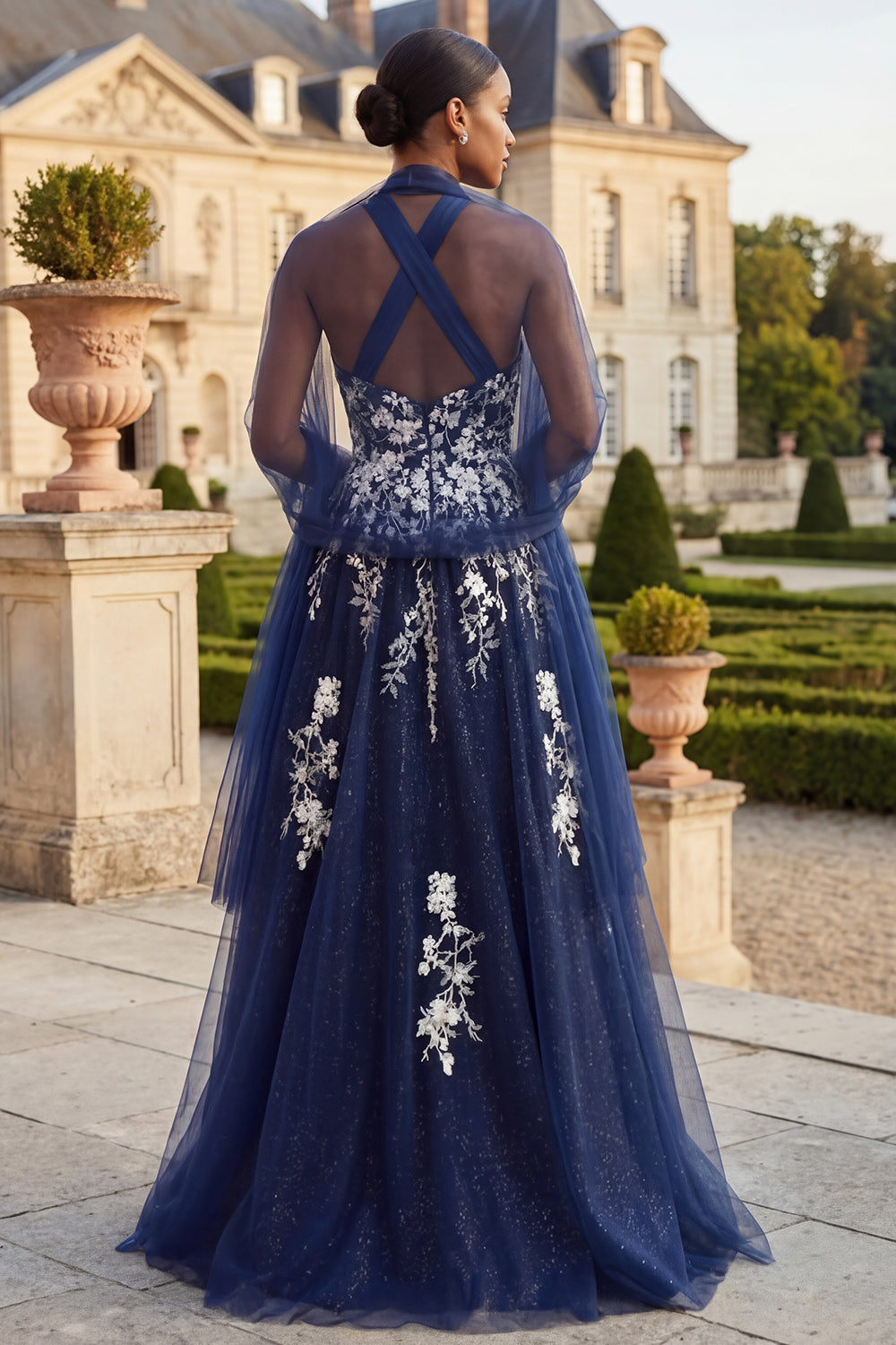 Floral Halter A Line Navy Glitter Long Prom Dress with Shawl