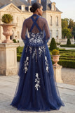 Floral Halter A Line Navy Glitter Long Prom Dress with Shawl