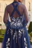 Floral Halter A Line Navy Glitter Long Prom Dress with Shawl