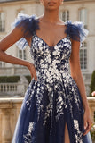 A Line V-Neck Floral Navy Glitter Ruffled Long Prom Dress with Slit