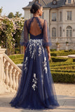 3/4 Sleeves A Line Floral Navy Glitter Ruffled Long Prom Dress with Slit