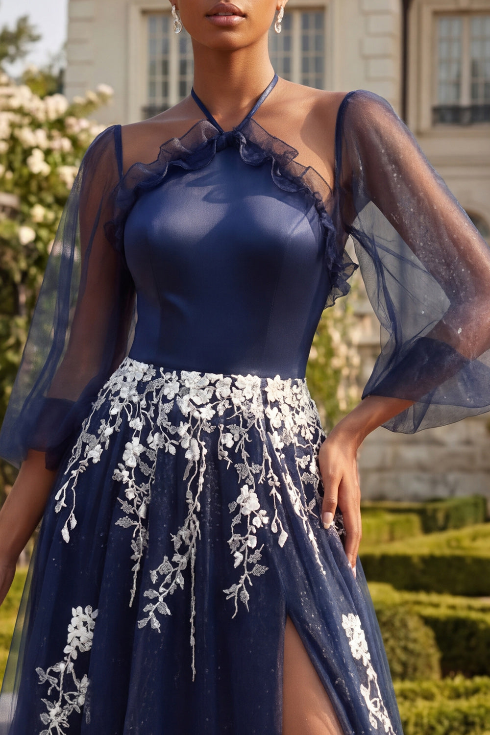 3/4 Sleeves A Line Floral Navy Glitter Ruffled Long Prom Dress with Slit