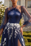 3/4 Sleeves A Line Floral Navy Glitter Ruffled Long Prom Dress with Slit