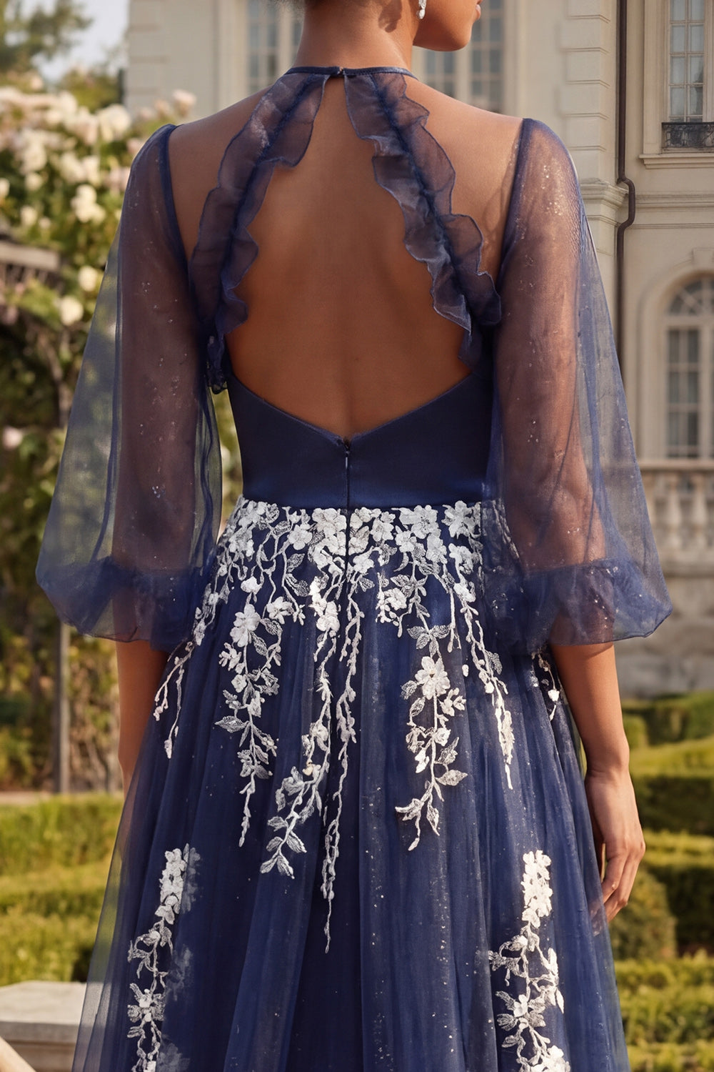 3/4 Sleeves A Line Floral Navy Glitter Ruffled Long Prom Dress with Slit