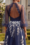 3/4 Sleeves A Line Floral Navy Glitter Ruffled Long Prom Dress with Slit