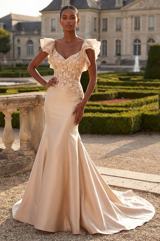 Mermaid Corset V-Neck Floral Blush Long Prom Dress with Ruffles