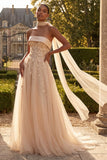 Strapless A Line Corset Floral Blush Neck Scarf Long Prom Dress