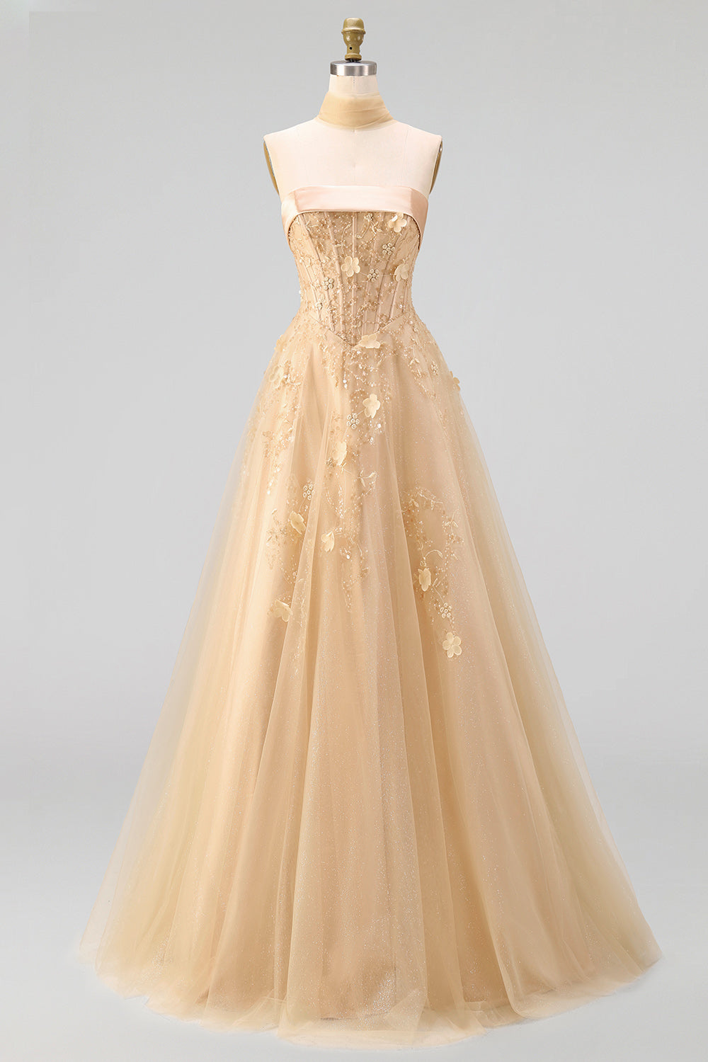 Strapless A Line Corset Floral Blush Neck Scarf Long Prom Dress