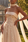 Strapless A Line Corset Floral Blush Neck Scarf Long Prom Dress