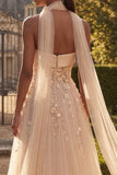 Strapless A Line Corset Floral Blush Neck Scarf Long Prom Dress