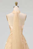 Strapless A Line Corset Floral Blush Neck Scarf Long Prom Dress