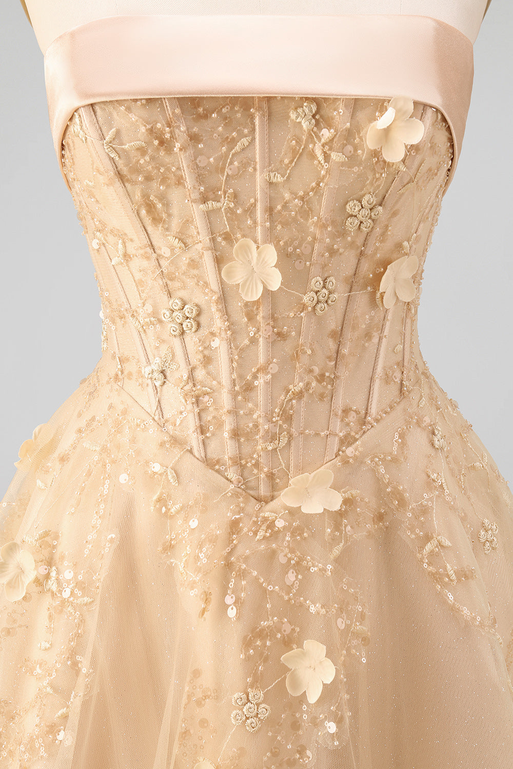 Strapless A Line Corset Floral Blush Neck Scarf Long Prom Dress
