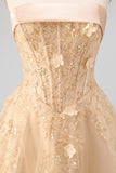 Strapless A Line Corset Floral Blush Neck Scarf Long Prom Dress