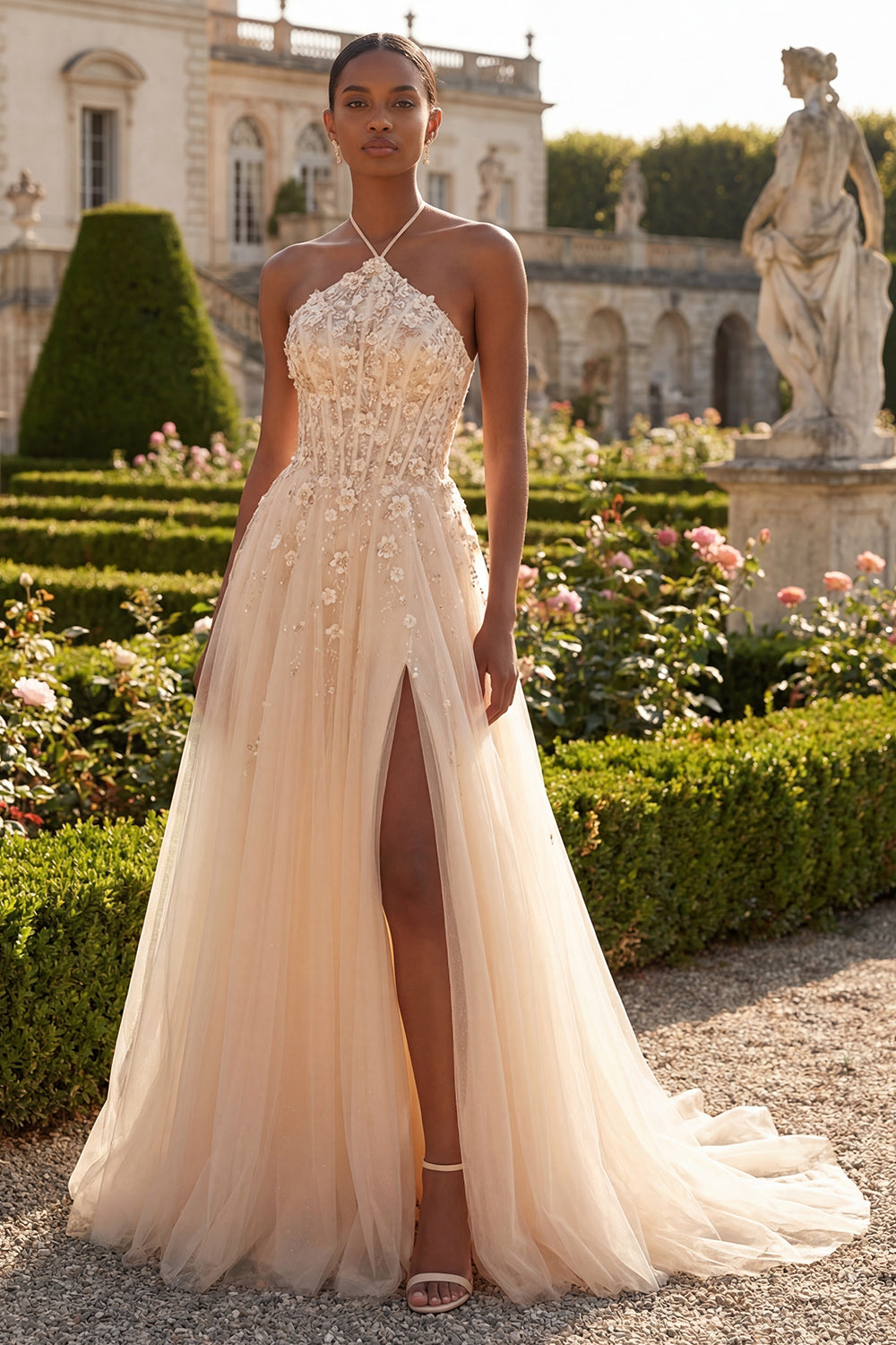 A Line Corset Floral Blush Halter Long Prom Dress with Slit