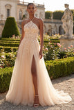 A Line Corset Floral Blush Halter Long Prom Dress with Slit