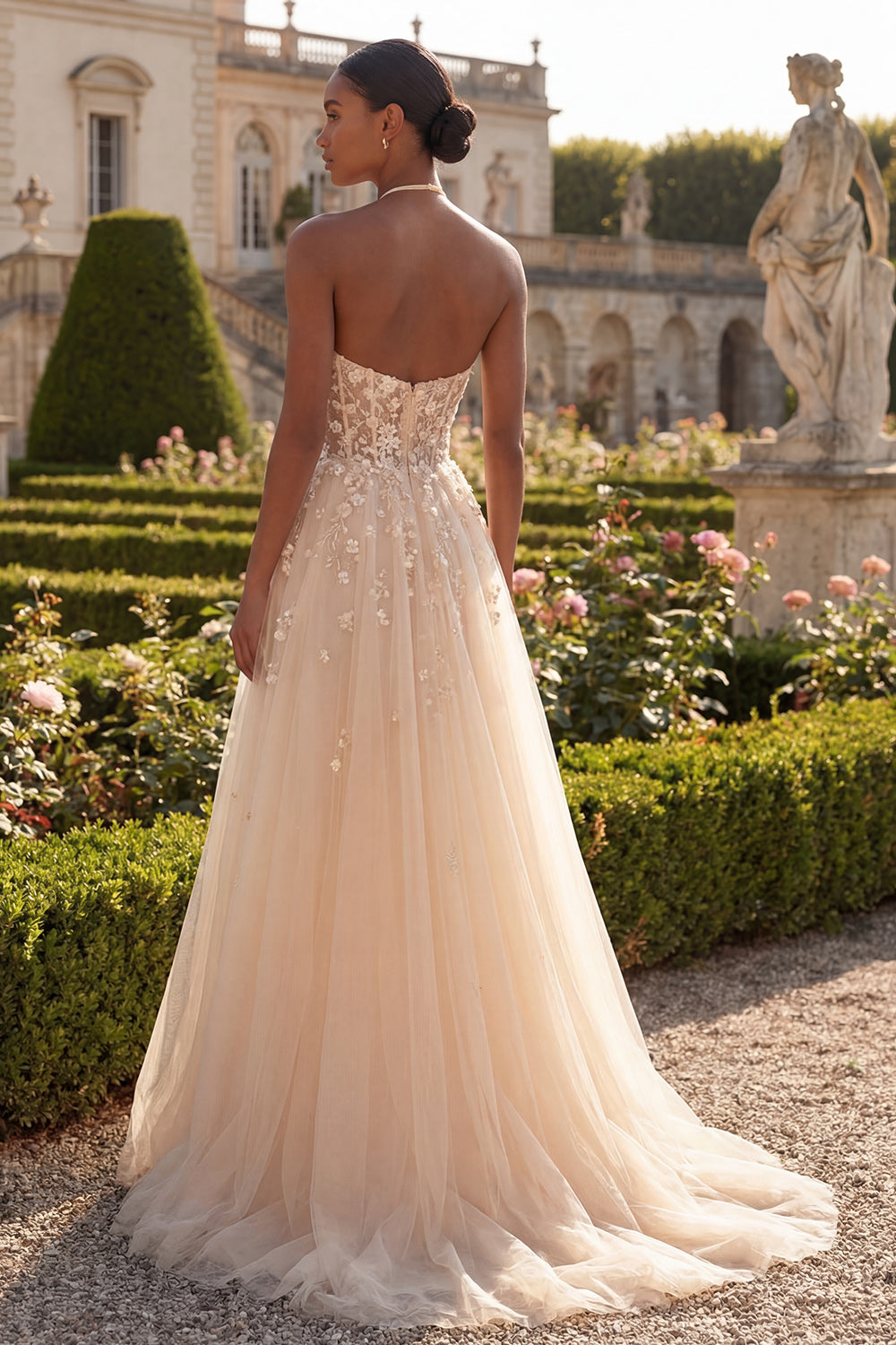 A Line Corset Floral Blush Halter Long Prom Dress with Slit