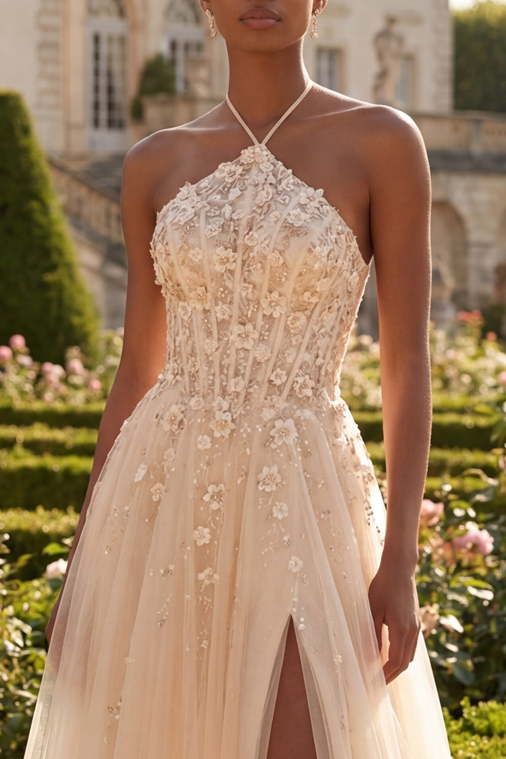 A Line Corset Floral Blush Halter Long Prom Dress with Slit