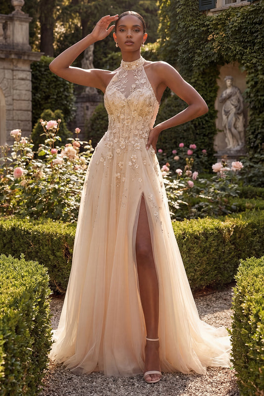 High Neck Floral A Line Corset Blush Long Prom Dress with Slit