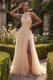 High Neck Floral A Line Corset Blush Long Prom Dress with Slit