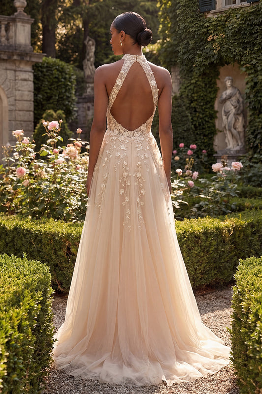 High Neck Floral A Line Corset Blush Long Prom Dress with Slit