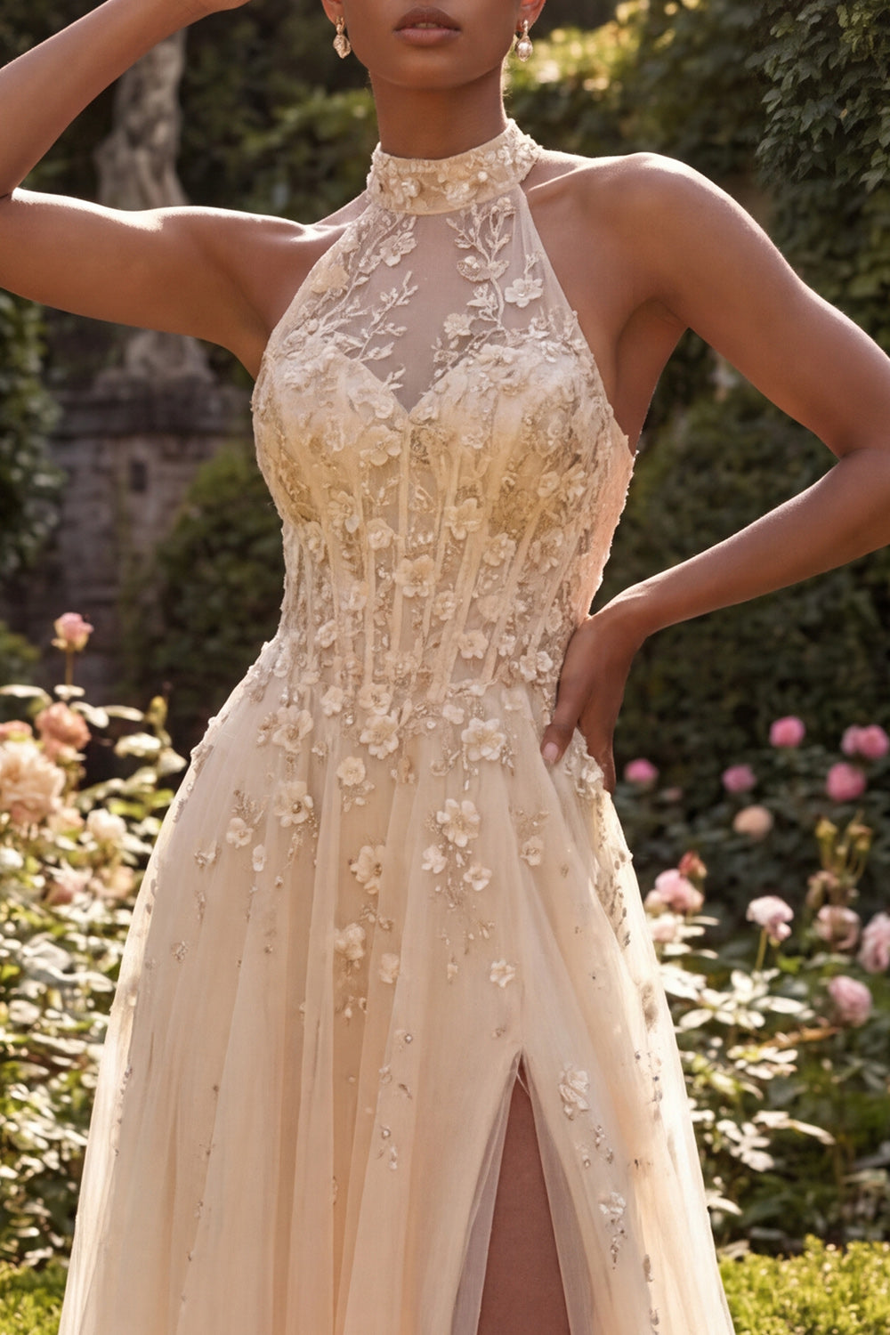 High Neck Floral A Line Corset Blush Long Prom Dress with Slit