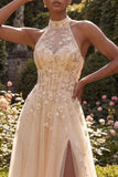 High Neck Floral A Line Corset Blush Long Prom Dress with Slit